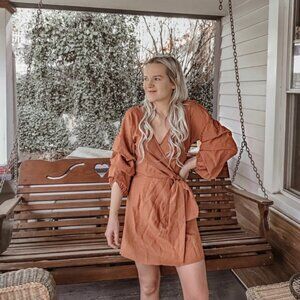 Selfie Leslie Tie Waist Puff Sleeve Dress Burnt Orange